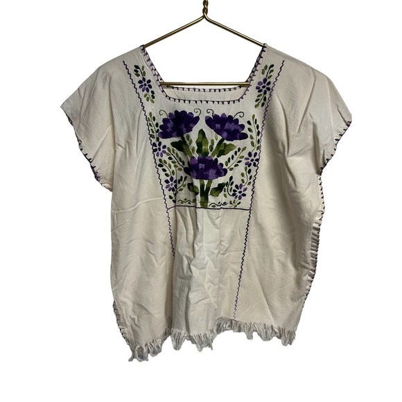 Handmade Tops - Spanish style Boho embroidered top purple floral